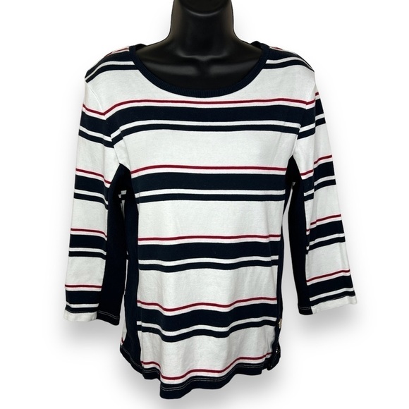 Small Tommy Hilfiger Red White Blue Striped Stretch Top Preppy Classic Casual - Picture 1 of 9